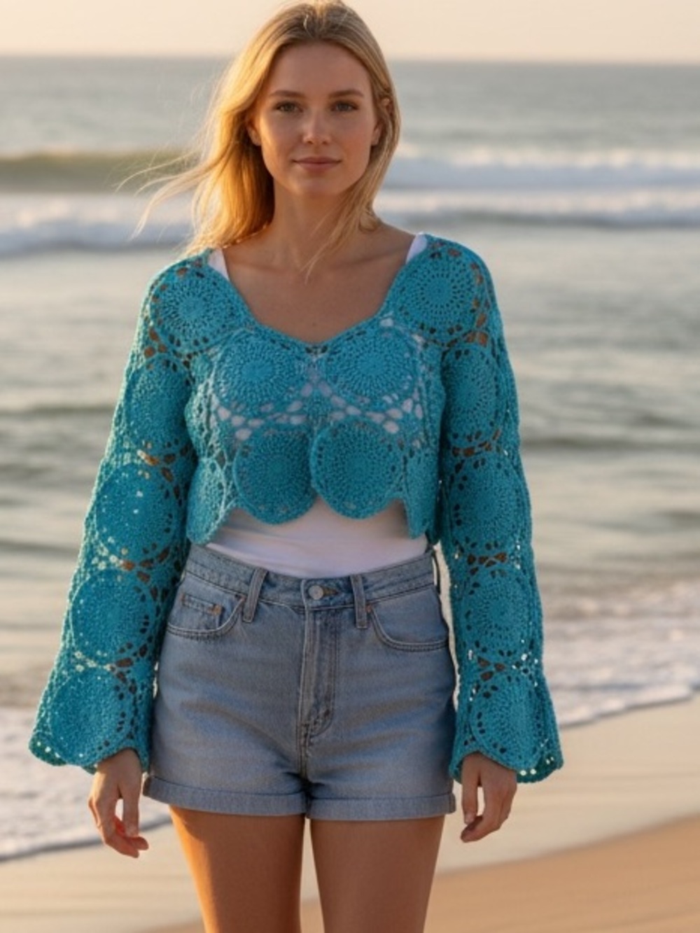 Crochet Openwork V-Neck Crop Sweater - Turquoise